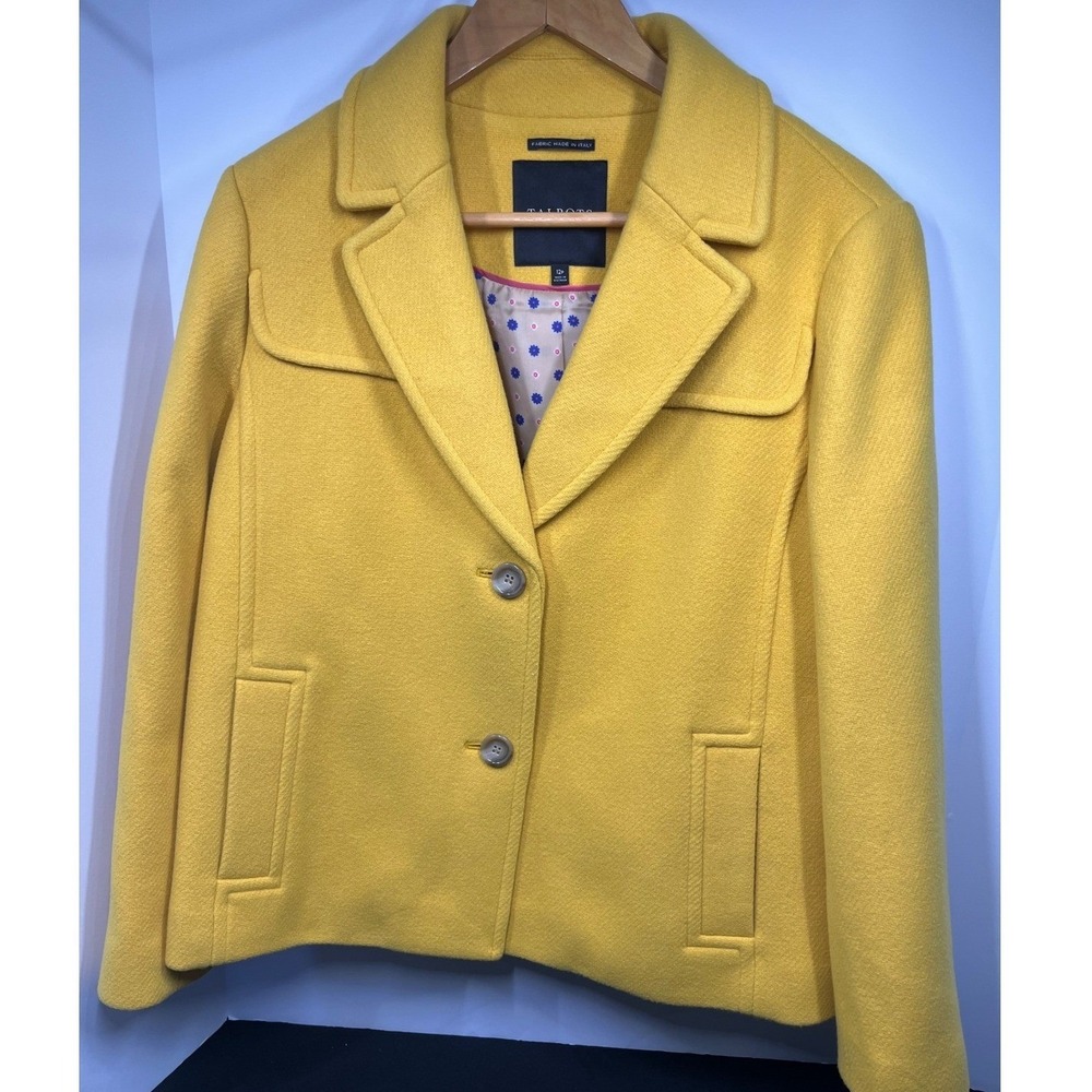 Talbots Petites Yellow Wool Blend Coat Italian Fabric Floral Lining Size 12P